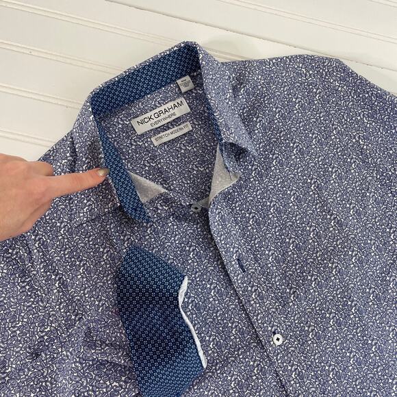 Nick Graham Everywhere Blue & White Paisley Stretch Modern Fit Button-Up Shirt M - Picture 5 of 6
